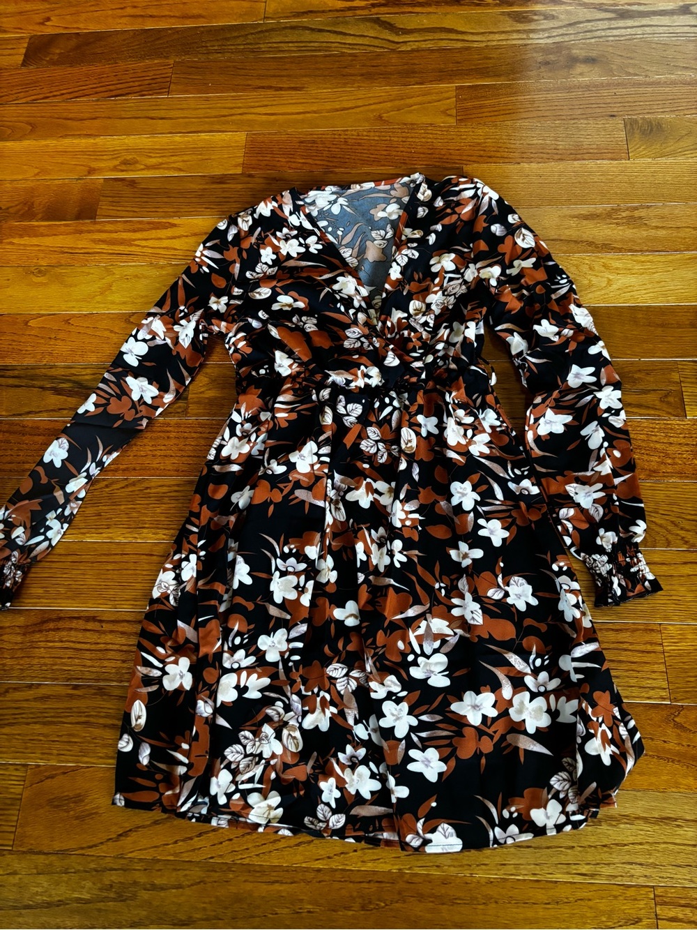 Women's Black Floral Wrap Dress with Rust and White Print